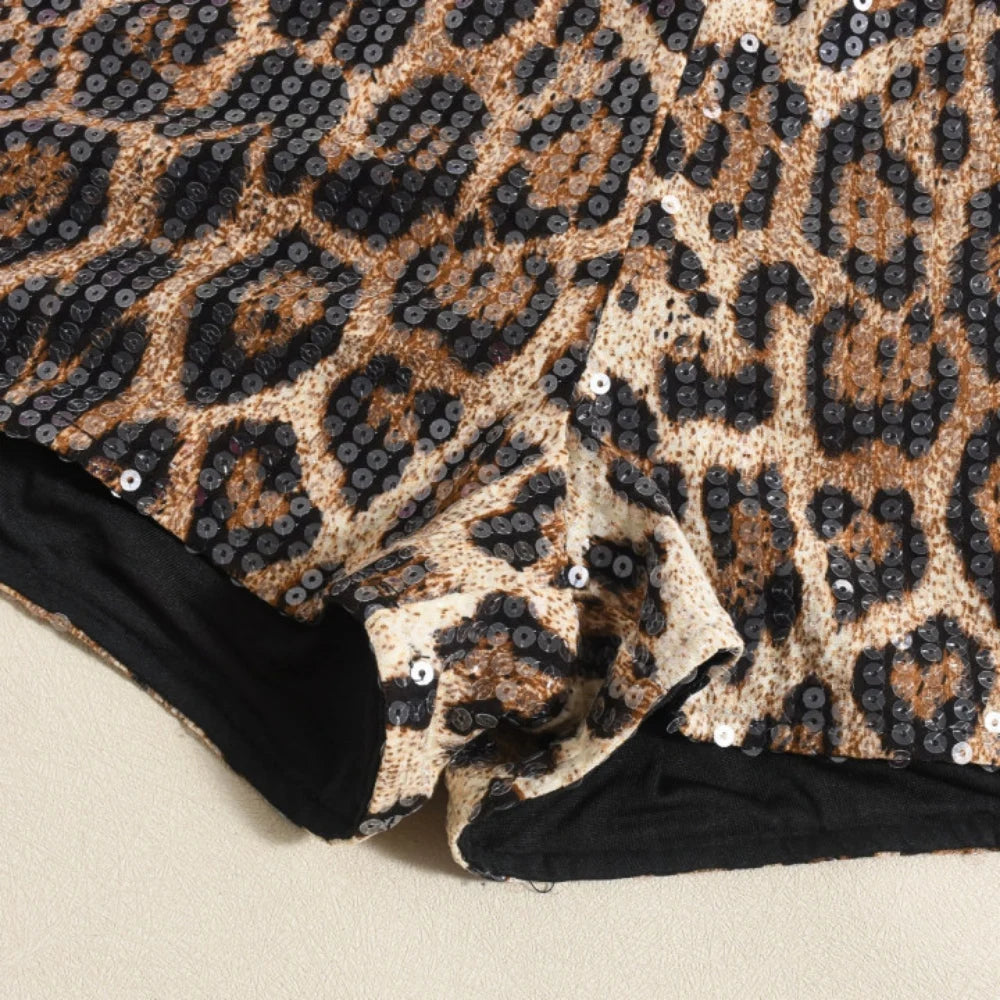 HLJ&GG Y2K Fashion Leopard Sequined Shorts Two Piece Sets Women Letter Print Round Neck Slim Crop Top And Shorts Outfits 2025