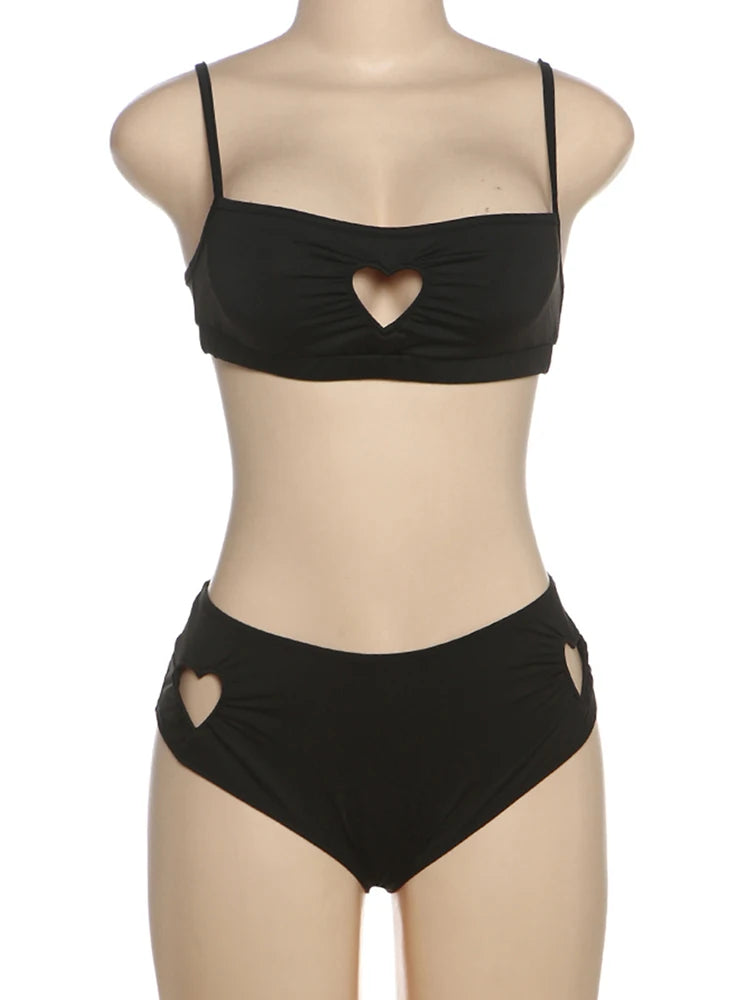 Weird Puss Heart Hollow 2 Piece Set Women Simple Vacation Camisole+Panties Beach Style Matching Stretch Street Comfortable Suit