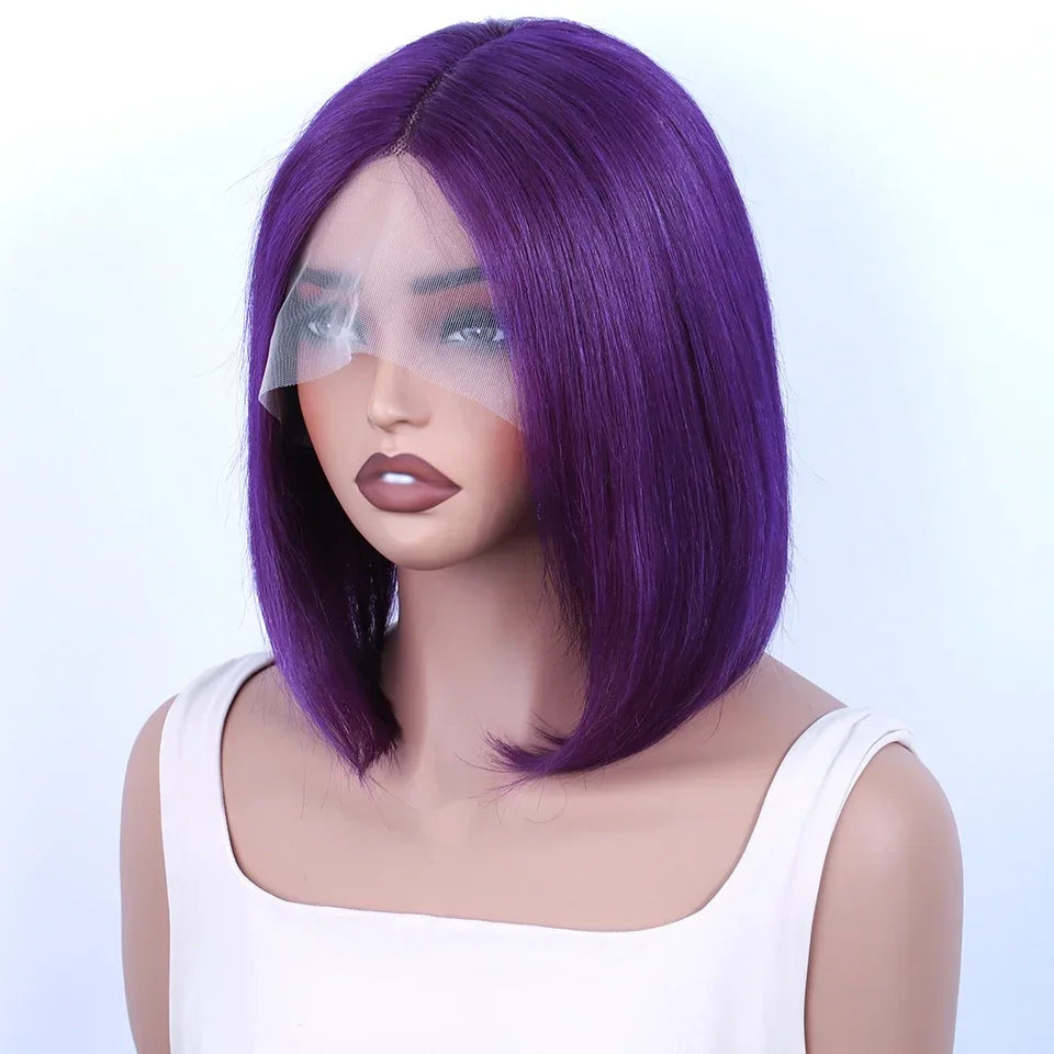 Brazilian Cosplay Purple Hair 13x5x1 T Part Transparent Lace Front Human Hair Wigs 180D  Short Straight Lace Bob Wigs Human Wigs