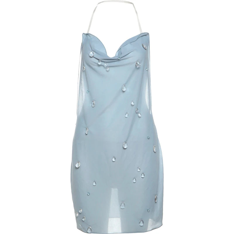 Weird Puss Small Raindrops Decoration Dress Women Halter Low-Neck Sexy See Through Backless Hottie Street Hipster Mini Bodycon