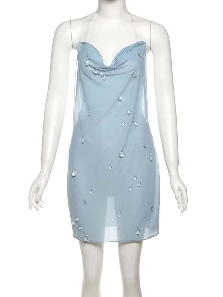 Weird Puss Small Raindrops Decoration Dress Women Halter Low-Neck Sexy See Through Backless Hottie Street Hipster Mini Bodycon
