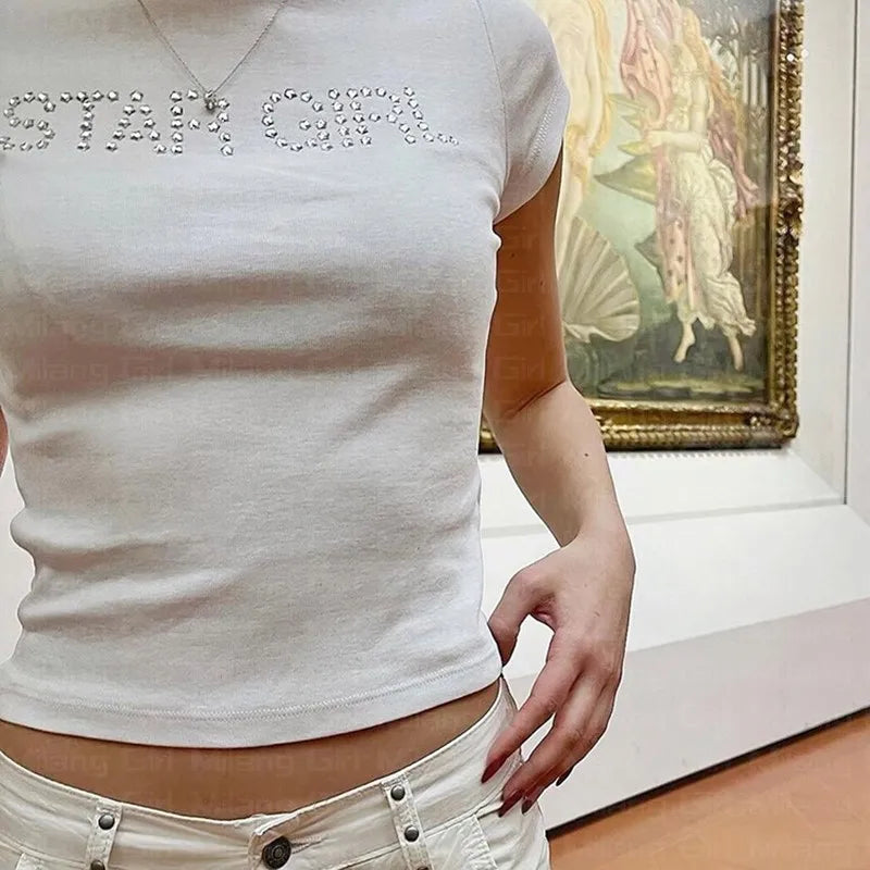 Goth Rhinestones Star girl print Baby Tee Vintage Street Women Grunge T-shirt Y2k Clothes Aesthetic Cute Emo girl Slim Crop Top