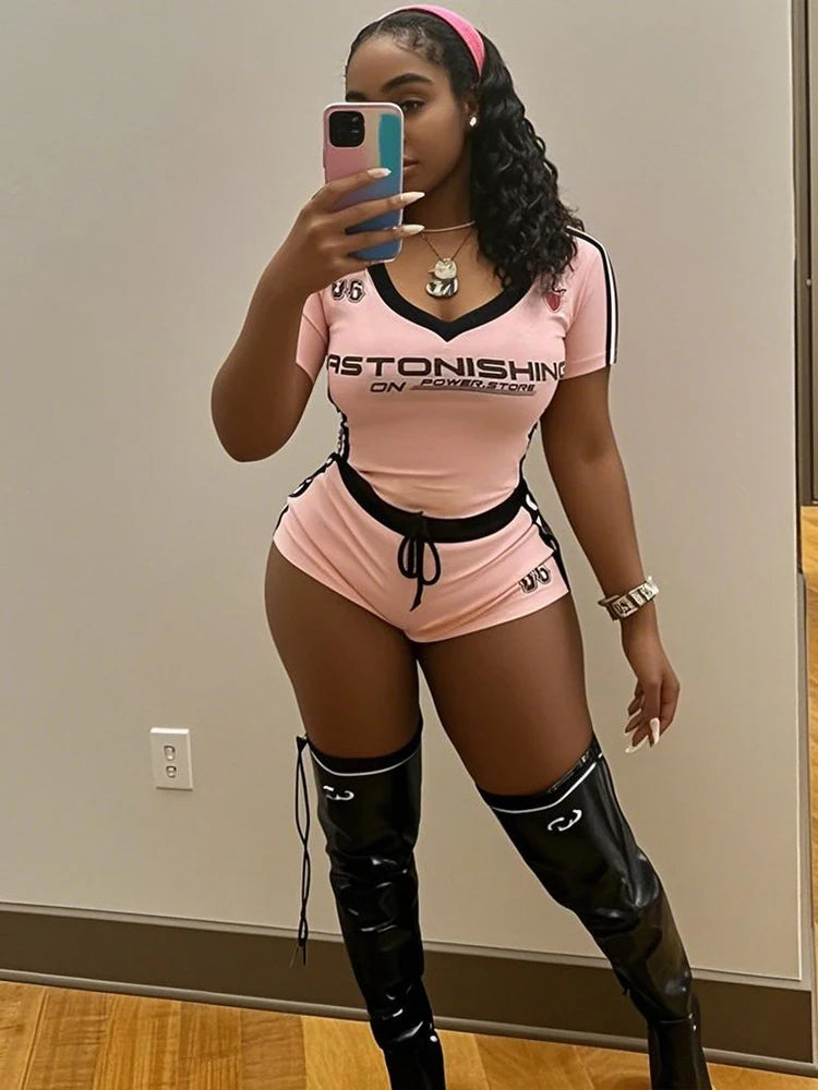 2 Piece Set Letter Print Crew Neck Short Sleeve Top+Drawstring Slim Mini Bottoms, lady's Tracksuit