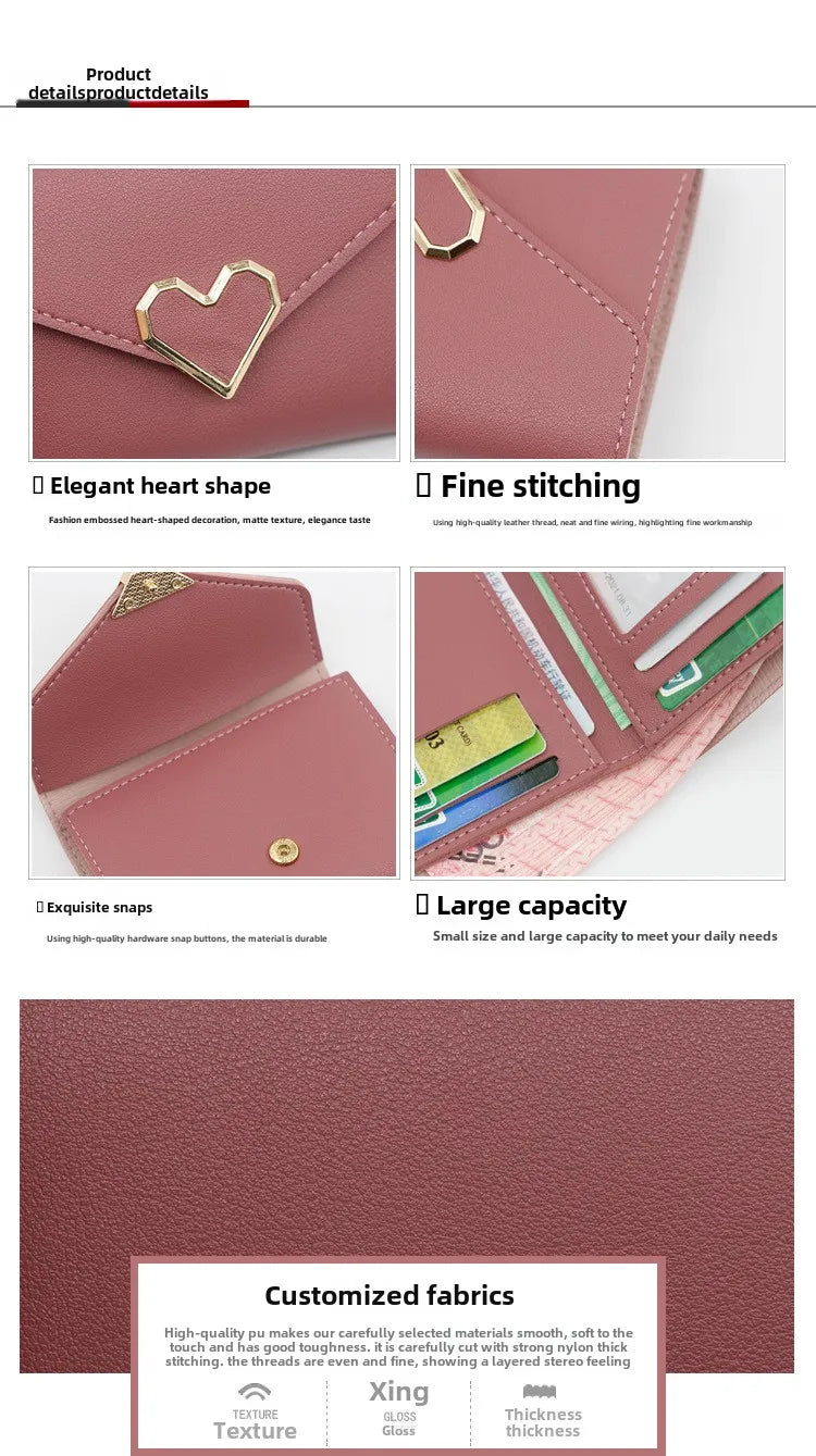 Korean version women wallet short heart-shaped three fold women's wallet multi card slot card bag zero wallet  purses for women