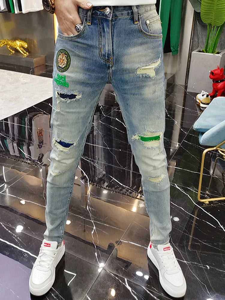 2025 Spring New Ripped Hole Denim Man's Pants Washing Light Blue Hip Hop Slim Fit  Men's Trousers High Street Blue beggar Jeans