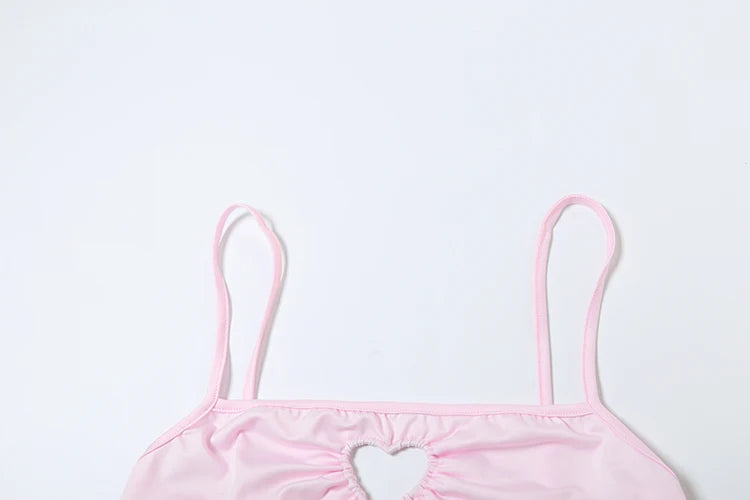 Weird Puss Heart Hollow 2 Piece Set Women Simple Vacation Camisole+Panties Beach Style Matching Stretch Street Comfortable Suit