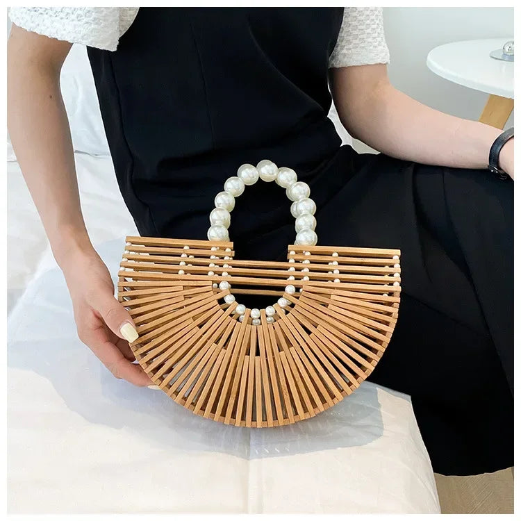 Women's Hand - Woven Bamboo Bag | Bamboo Woven Basket Style, Beach Vacation Essential, Handheld Bucket Design