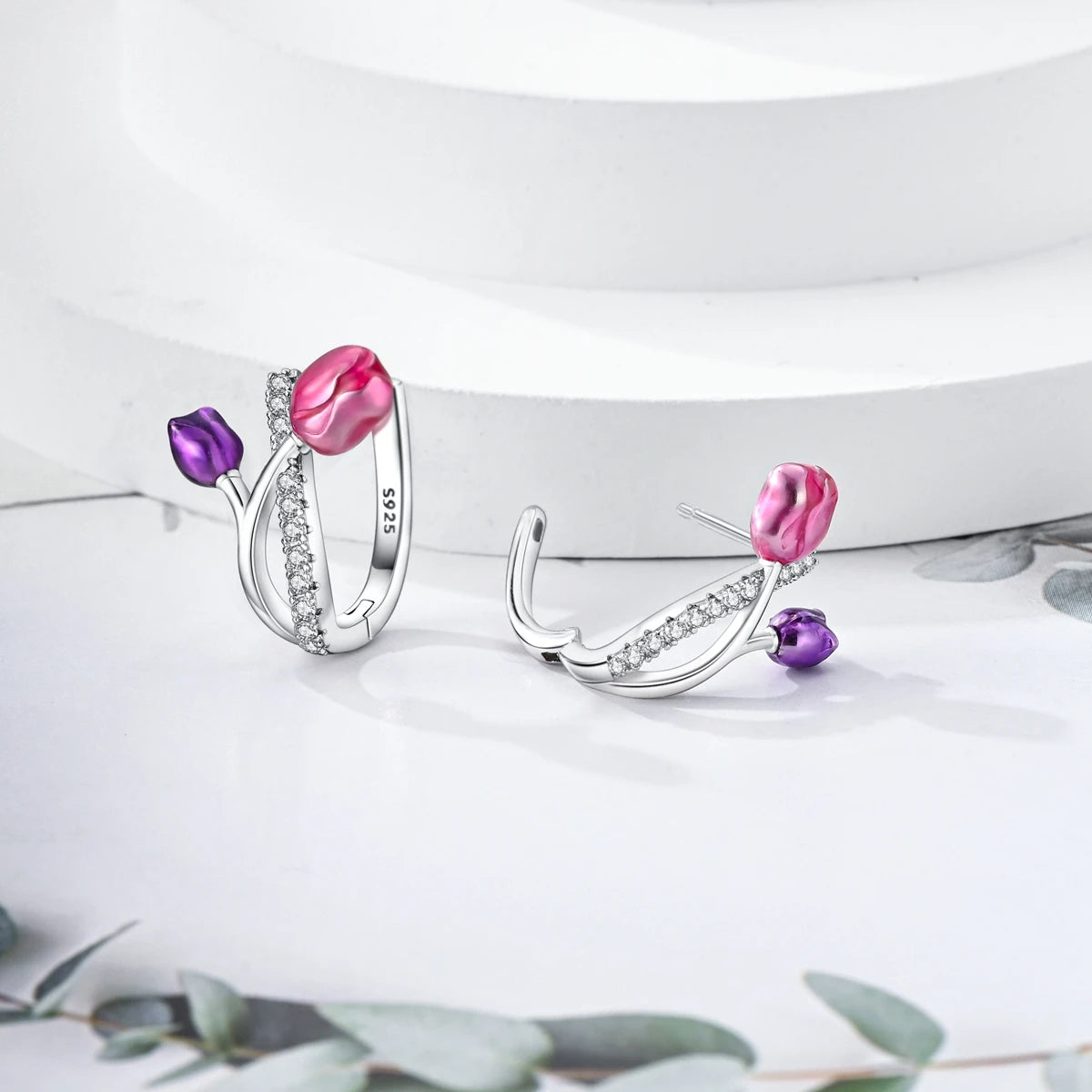 Orstarry 925 Sterling Silver Sparkling Tulip Flower Earrings Jewelry Hoop Earrings For Women Jewelry Birthday Party Trendy Gifts