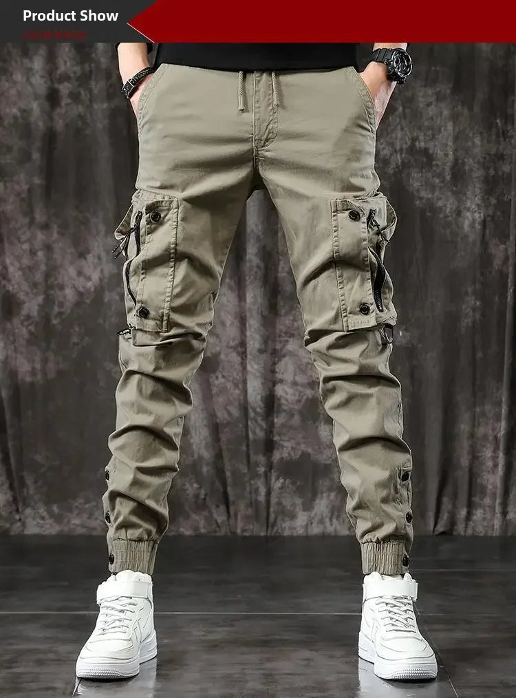 Trendy Men's Spring Autumn Cargo Pants Slim Fit Casual Style Loose Fit American Style Multiple Pocket Small Foot Pants Black