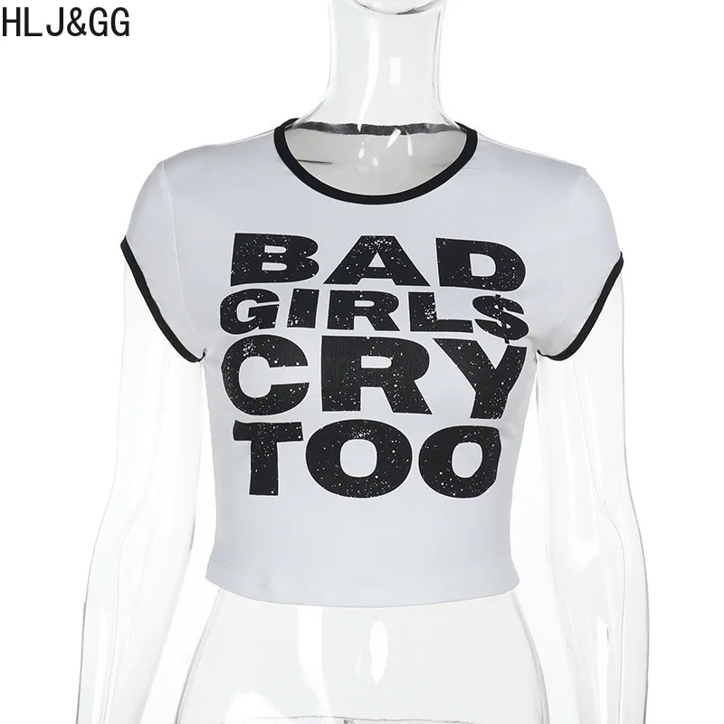 HLJ&GG Summer New Letter Print Tshirts Two Piece Sets Women O Neck Short Sleeve Crop Top And jeans Mini Skirts Outfit Streetwear