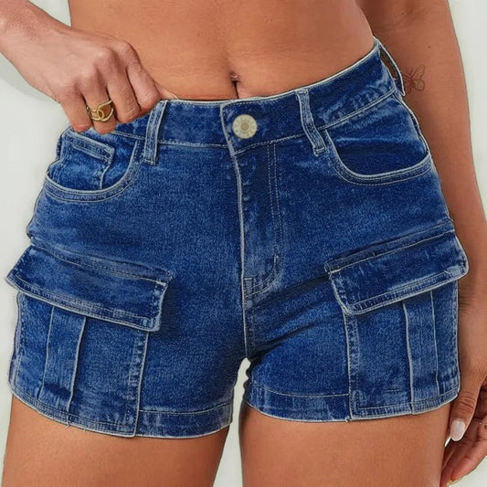 High Waisted Blue Cargo Style Shorts