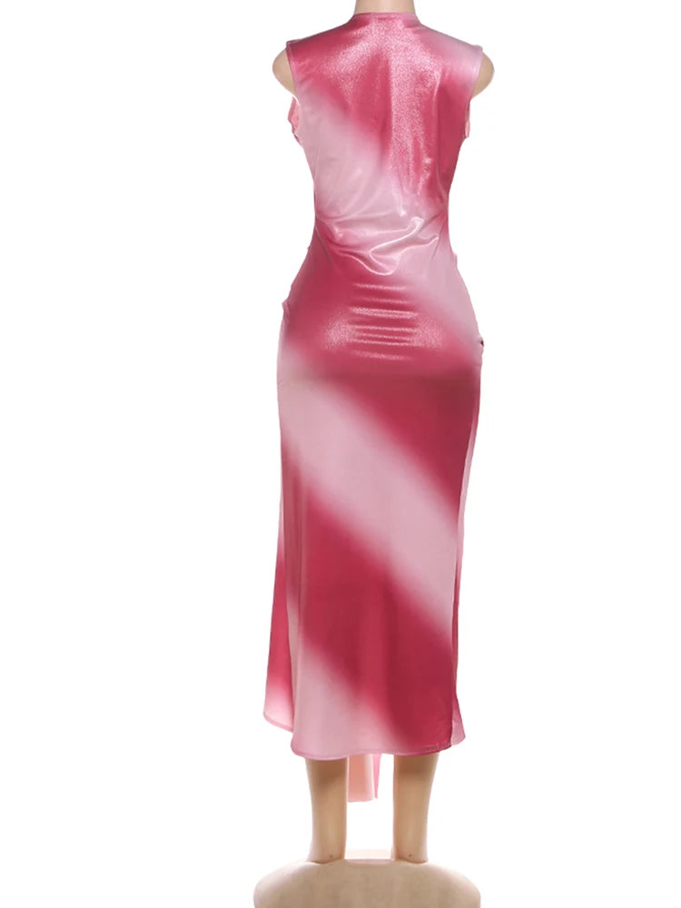 Weird Puss Glitter Split Dress Women Y2K Silky Sexy Party Gradient Ruched Ribbon Sleeveless Evening Beach Vacation Maxi Bodycon