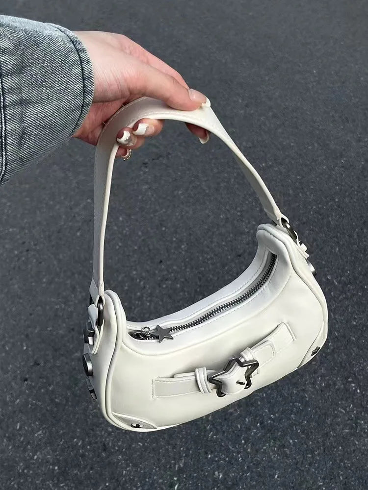 Vintage Korean Casual Cute White Star Shoulder Underarm Tote Bag Ladies Sling Bags Leather Zip Purses  Handbags Women