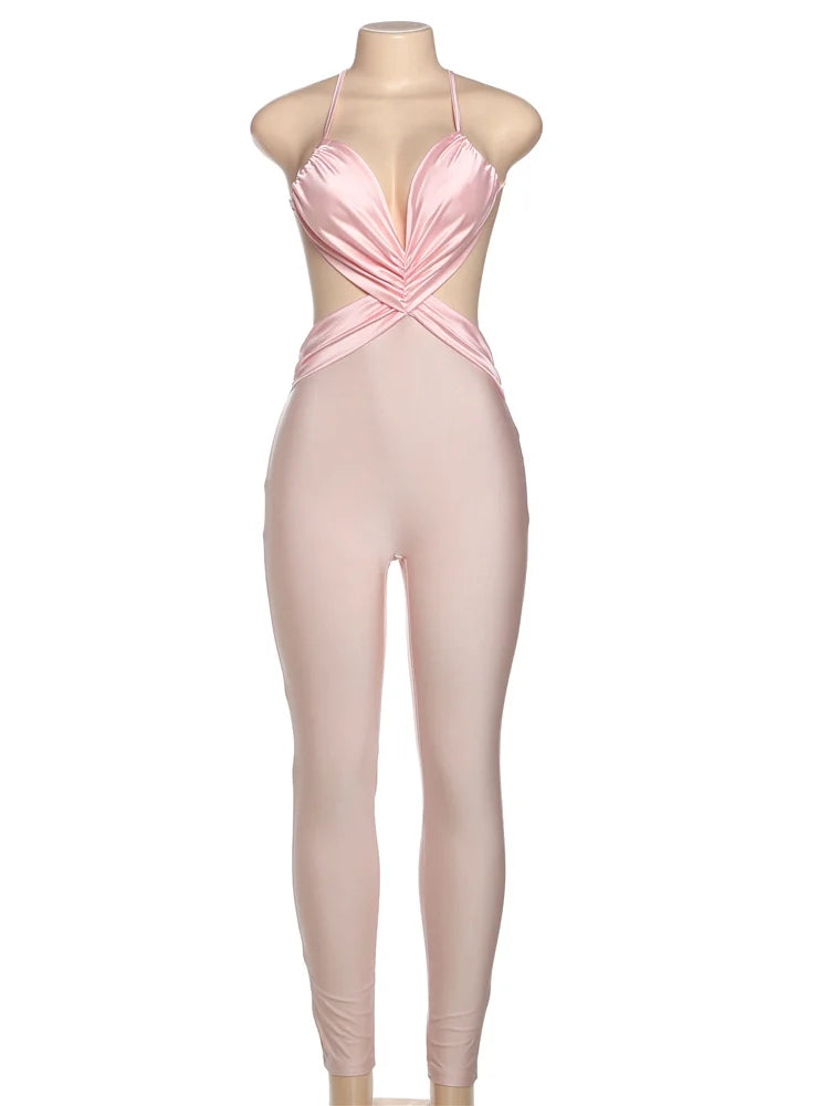 Sexy Backless Jumpsuit Women Sleeveless Cross Ruched Wrap Straps Midnight Coquette