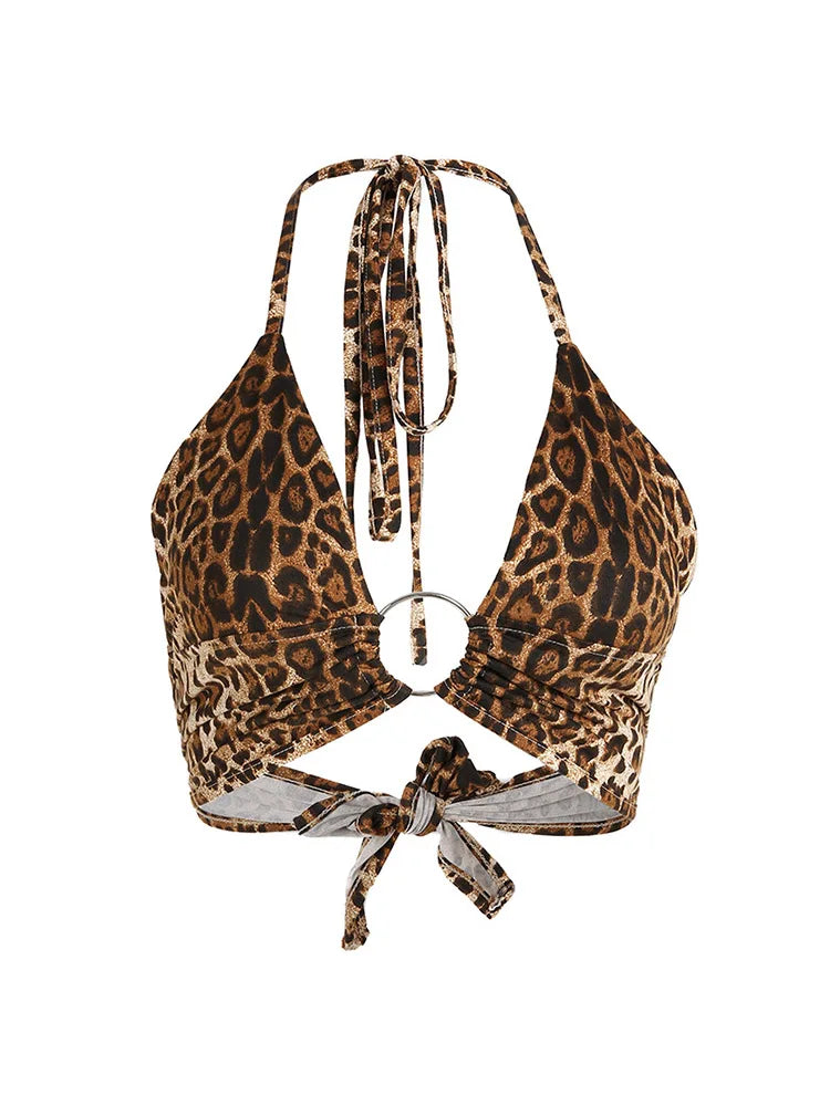 Leopard Print Halter Crop Top for Women Backless Bandage Lace-Up Sequin Metal Ring Detail Party Club Bustier 2025 Style