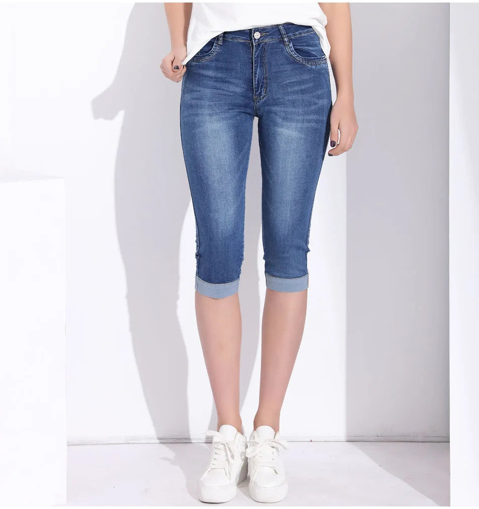 Knee Length Jeans female Elastic High Waist Mom Jeans Oversize