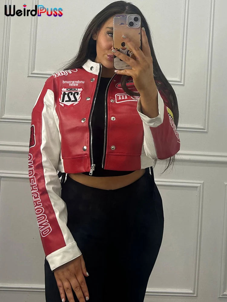 Weird Puss Hipster Patchwork Jacket Women Y2K Letter Print Hipster Uniform Street Single-Breasted Hipster Autumn Trend Zip Coat