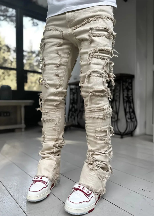 2025 New Men's Stacked Jeans Stretched Patchwork Tassel Damaged Denim Full Length Pants Hip-pop Trousers For Male
