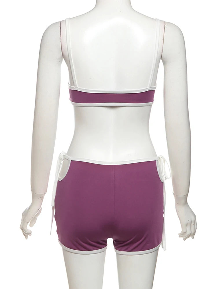 Weird Puss Casual Women 2 Piece Set Tracksuit White Edging Camisole+Side Bandage Shorts Matching Stretch Sporty Streetwear Suits