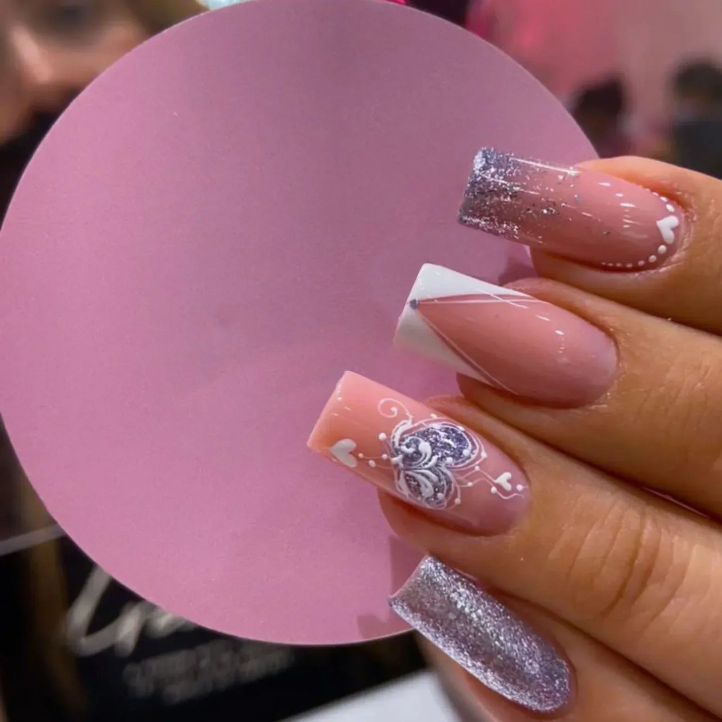 24Pcs Shimmery Long Coffin False Nails with Glue Ballerina Nail Design Sweet Fashion French Press on Acrylic Nails Tips
