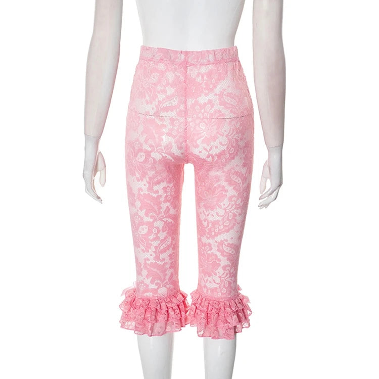 Lace Knee Length Pants, Summer Women Midi Waist Hollow Out Sexy Club Party See Through Leggings Pants