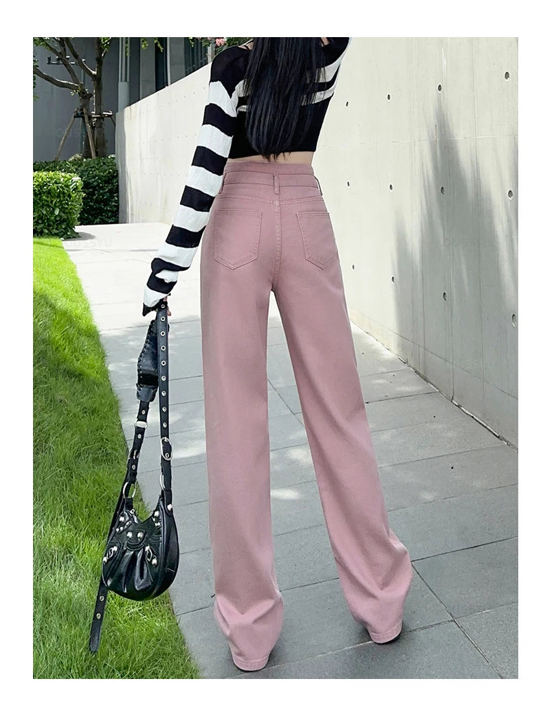 OUSSYU Woman Jeans High Waist Straight Wide Leg Cotton  Clothing Blue Streetwear Vintage Fashion Harajuku Women Trousers