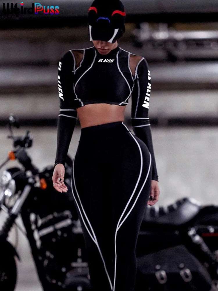 2Piece Set Fitness Full Sleeve Crop Top + Elastic Leggings