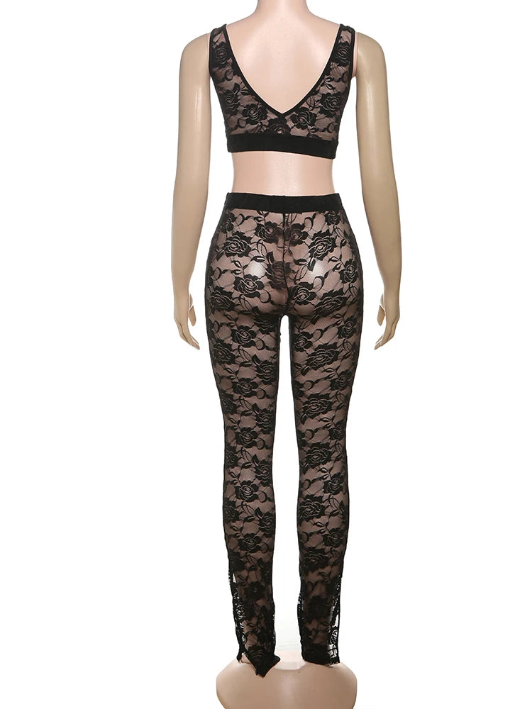 2 Piece Set, lace Coquette Wide Belt Tank Tops+Leggings
