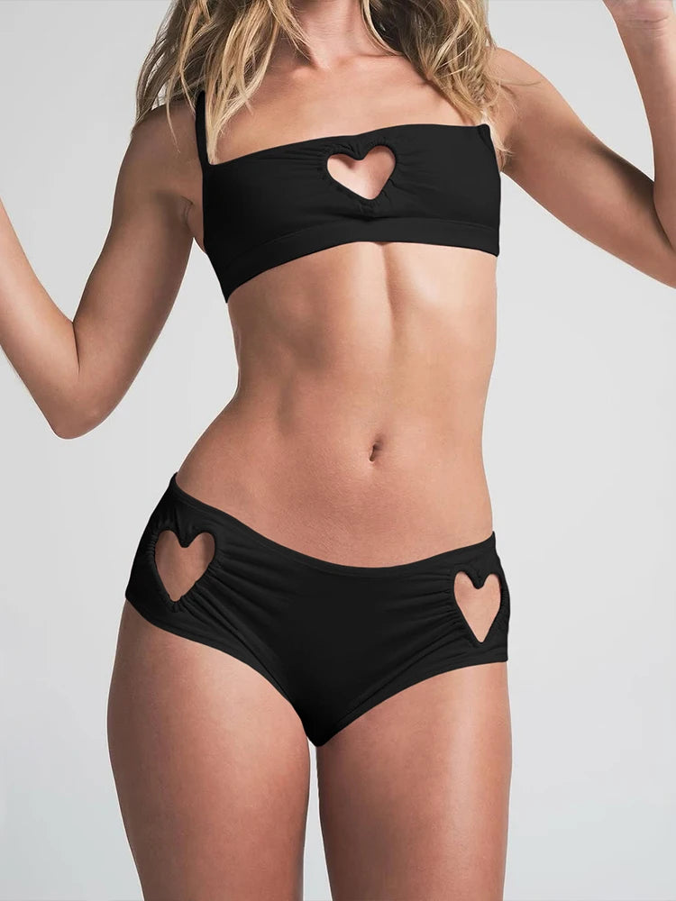 Weird Puss Heart Hollow 2 Piece Set Women Simple Vacation Camisole+Panties Beach Style Matching Stretch Street Comfortable Suit