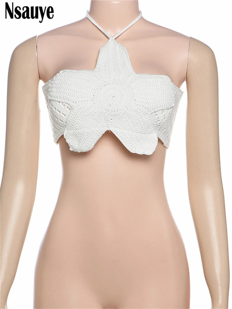 Nsauye Flower Knitted Halter Chic Off Shoulder Crop Top Sexy Club Fashion Women Summer Sleeveless Hollow Out Beach Tank Tops