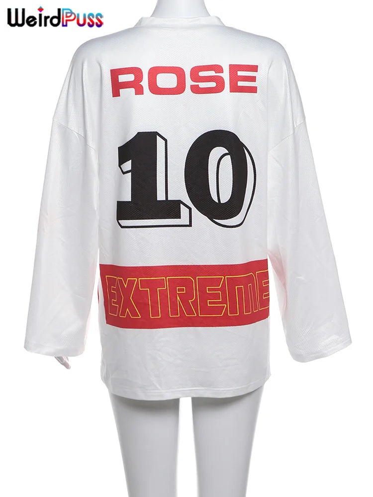 Casual Hipster Women T-Shirt Contrast Letter Print Long Sleeve V-Neck Wild Streetwear Loose Summer Comfortable Tees