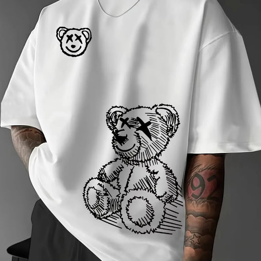 Summer Men's  Pure Cotton Casual Sports Loose and Fashionable Cartoon Bear Pattern Printed Round Neck Short Sleeved T-shirt