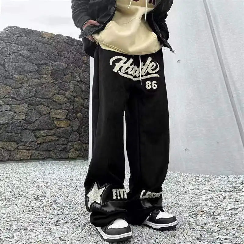Summer New Casual Pants Men Retro Fashion Straight Pants Men Streetwear Drawstring Letter Hip-hop Trend Loose Balck Trousers