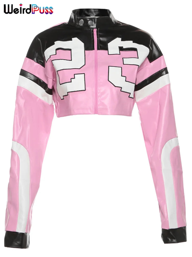 Weird Puss Faux Leather Women Jacket Hipster Letter Print Autumn Trend Casual Sporty Wild Streetwear Uniform Varsity Crop Coat