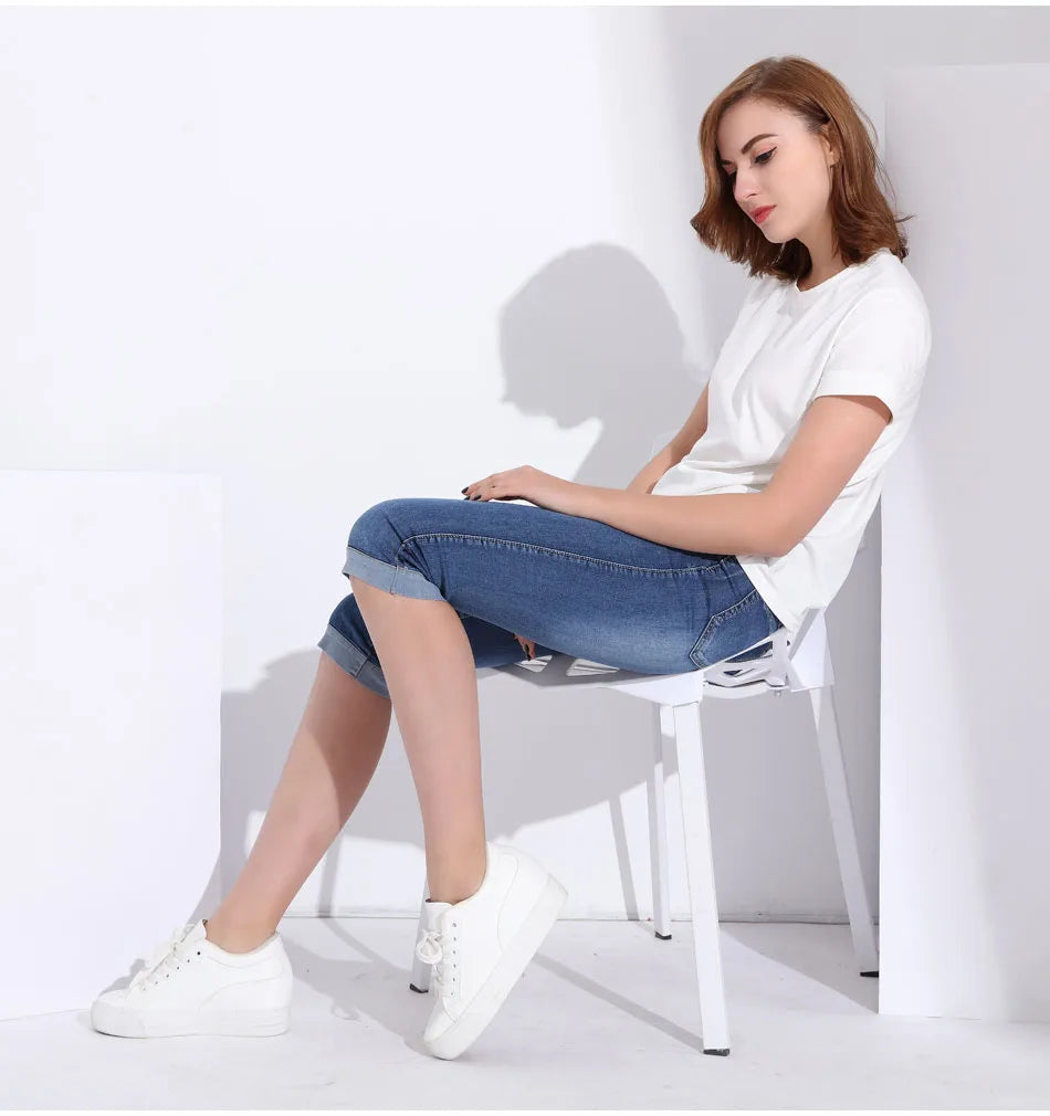 Knee Length Jeans female Elastic High Waist Mom Jeans Oversize