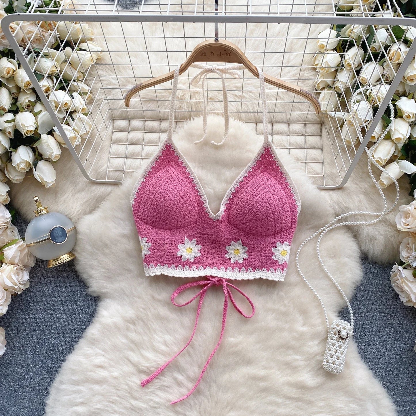 Vacation Style Camis Vest Women Patchwork Sweet Hook Flower Sexy Backless Suspender Camisole Hanging Neck Outwear Crop Tops