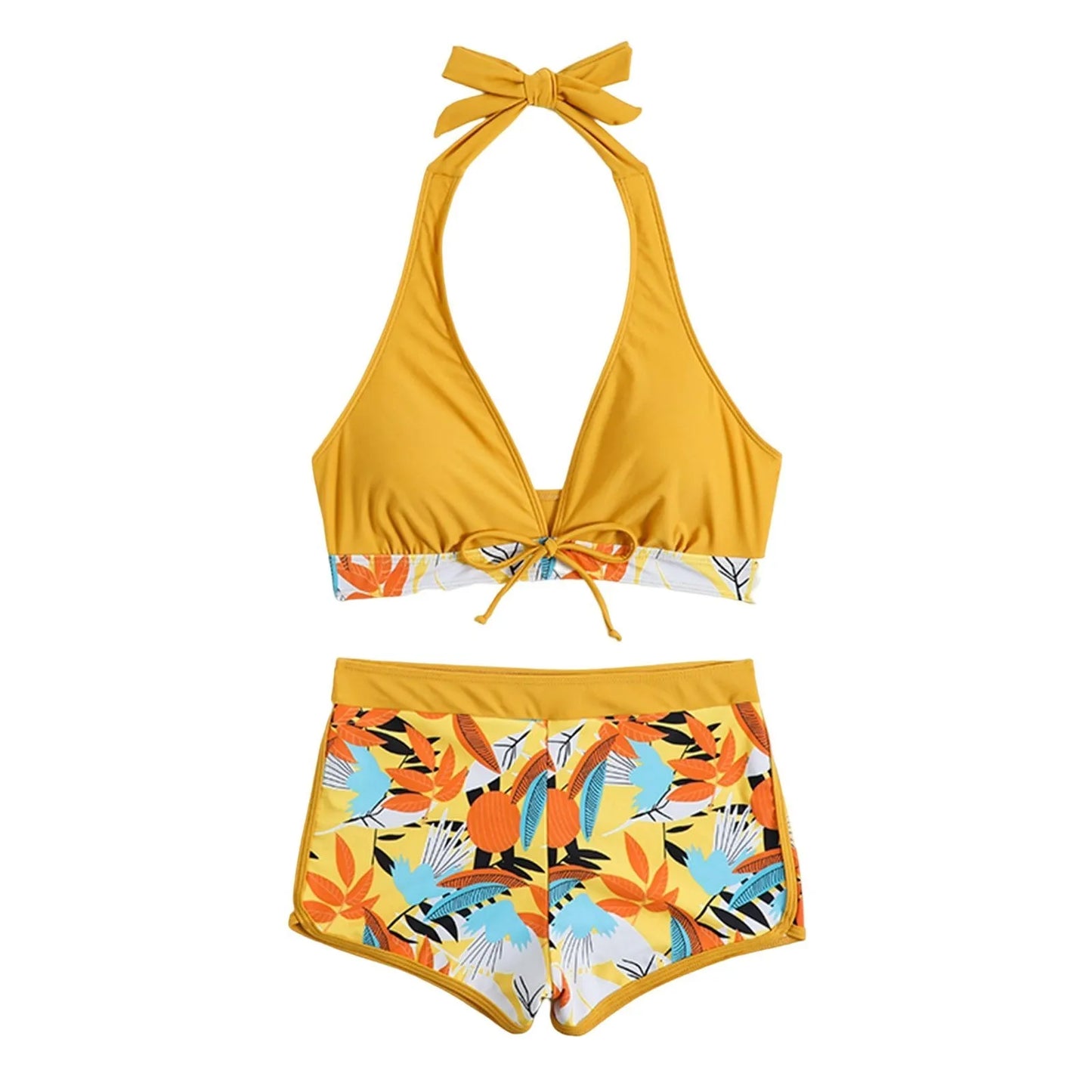 Shorts Bikinis Set  High Waist Swimsuit Women Swimwear  Plant Print Bathers Bathing Swim Suit Beachwear