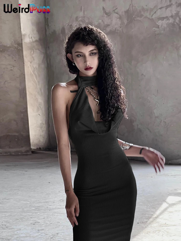 Weird Puss Backless Halter Women Evening Dress With Scarf Hollow Back Split Skinny Ladies Formal Occasion Prom Bodycon Vestidos