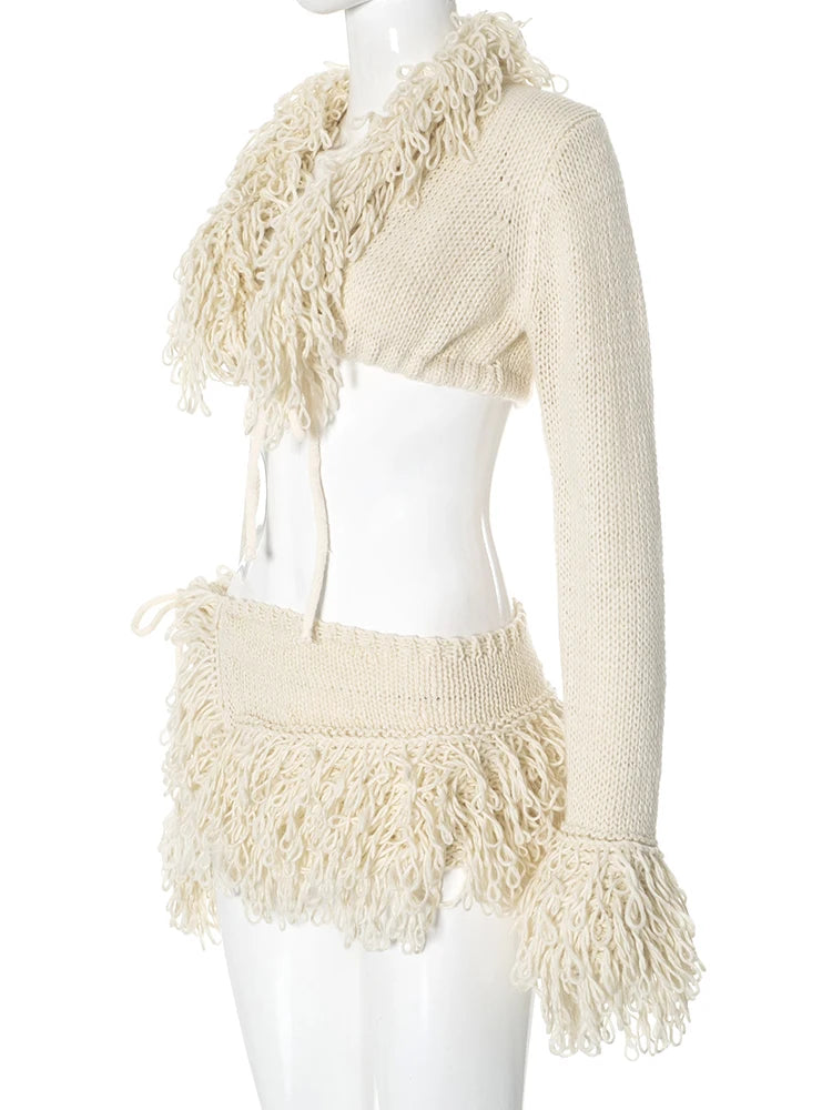 Weird Puss Crochet Tassel 2 Piece Set Women  Lace-Up Cardigan Full Sleeve Crop Tops+Irregular Slits Mini Skirt Sexy Hipster Suit