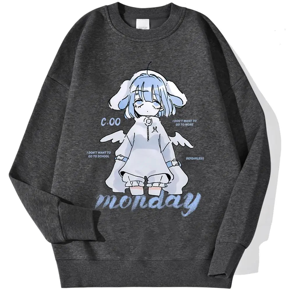 Harajuku Anime Girl Design Womens Sweatshirts Couples Kawaii Hoodie Comfortable Crewneck Clothes All-Match Fleece Streetwear