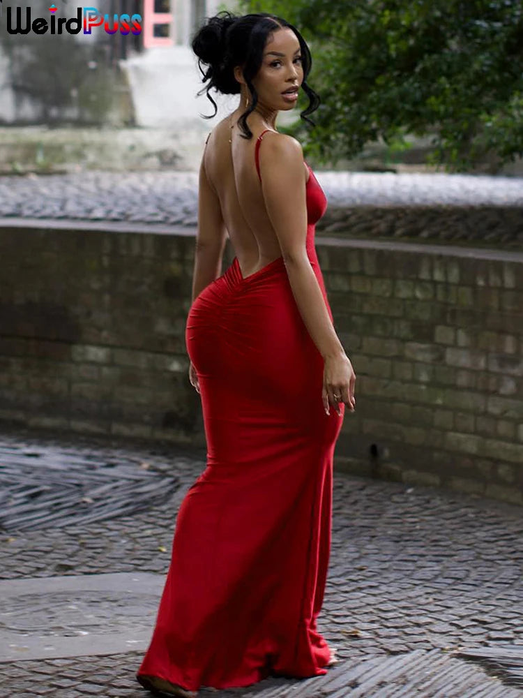 Weird Puss Folds V-Neck Women Evening Long Dress Sexy Backless Sleeveless Coquette Elegant Mermaid Matching Banquet Prom Bodycon