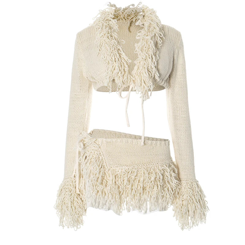 Weird Puss Crochet Tassel 2 Piece Set Women  Lace-Up Cardigan Full Sleeve Crop Tops+Irregular Slits Mini Skirt Sexy Hipster Suit