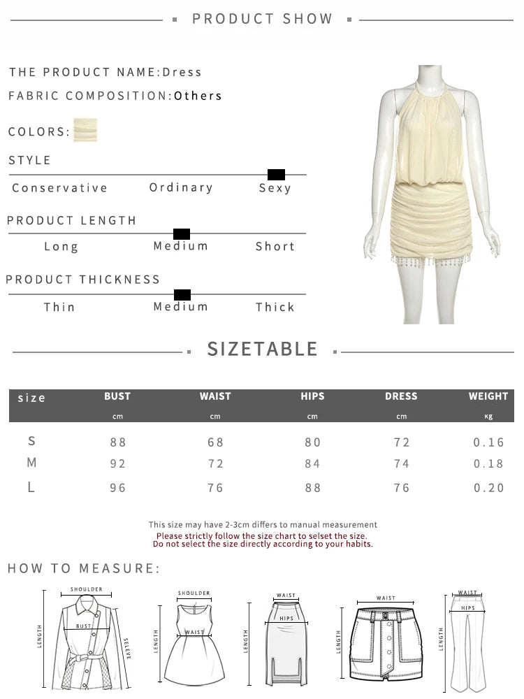 Weird Puss Mesh Patchwork Mini Dress Women Lace-Up Halter Sexy Backless Pearl Tassel Midnight Club Party Ruched Elegant Outfits