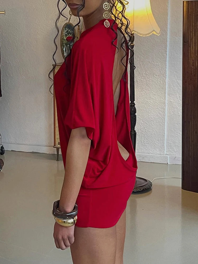 Weird Puss Sexy Backless Mini Dress Women Y2K Solid Trend Style o-Neck Half Sleeve Spicy Girls Street Fashion Skinny Outfits