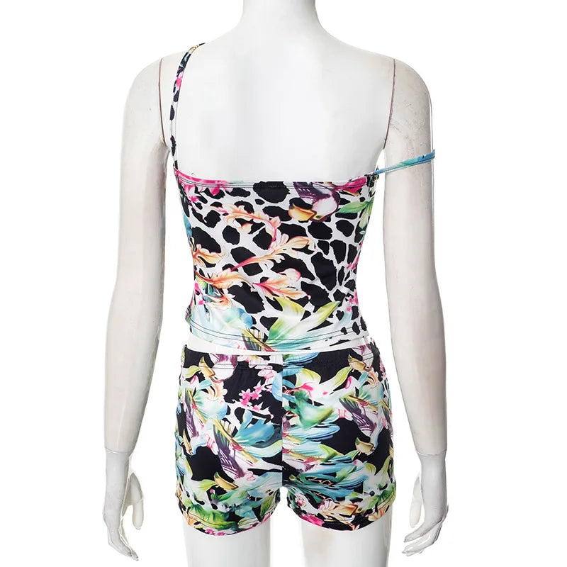 Sexy Nightclub Party Bikini Set with Irregular Round Buckle Printed Backless Short Tight Spring Summer Women's Lingerie Swimwear