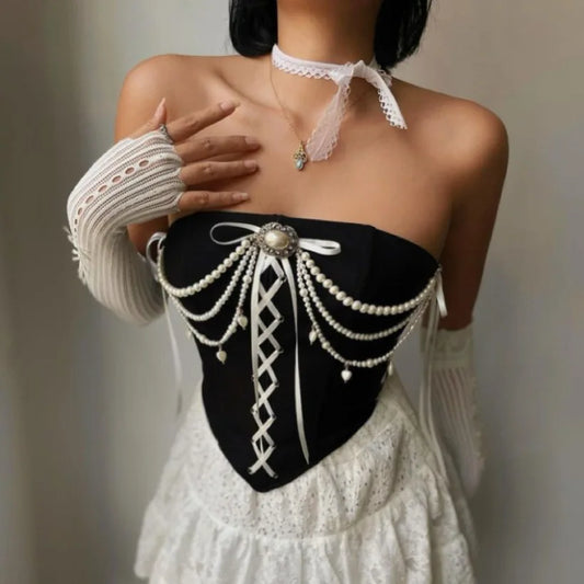 Women's Christmas Velvet Pearl Chain Vintage Strapless Open Back Boned Mesh Bustier Corset Bodyshaper Y2K Crop Top Party Camis