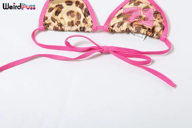Weird Puss Beach Vacation 3 Piece Set Women Leopard Print Halter Bra Tops+Panties+Shorts Summer Midnight Party Matching Clubwear