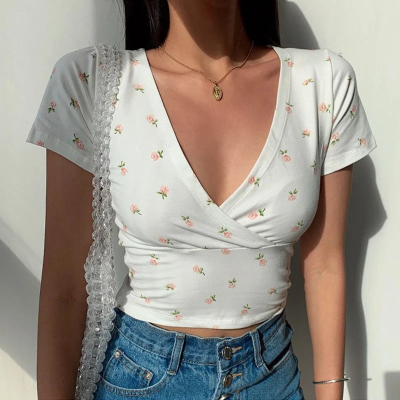 Y2K Vintage Floral Cross Crop Top, Slim Short Sleeve V-neck
