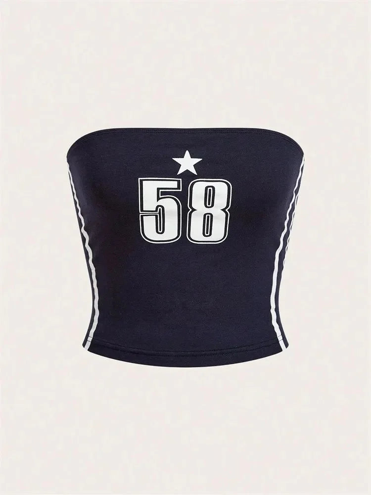 Women's Letter and Star Print Tube Top Summer Y2k Clothes Off the Shoulder Backless Cropped Top Streetwear