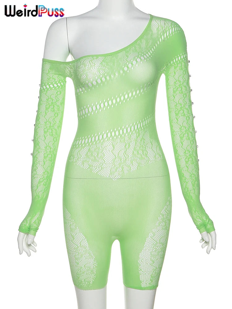 Weird Puss See Through Romper Women Sexy  Hollow Rhinestones Long Sleeve Skinny Irregular Off Shoulder Body-Shaping Playsuits